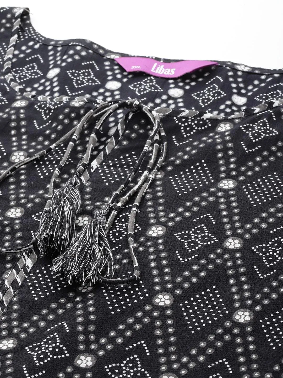 Black Printed Cotton Straight Kurta With Trousers and Dupatta