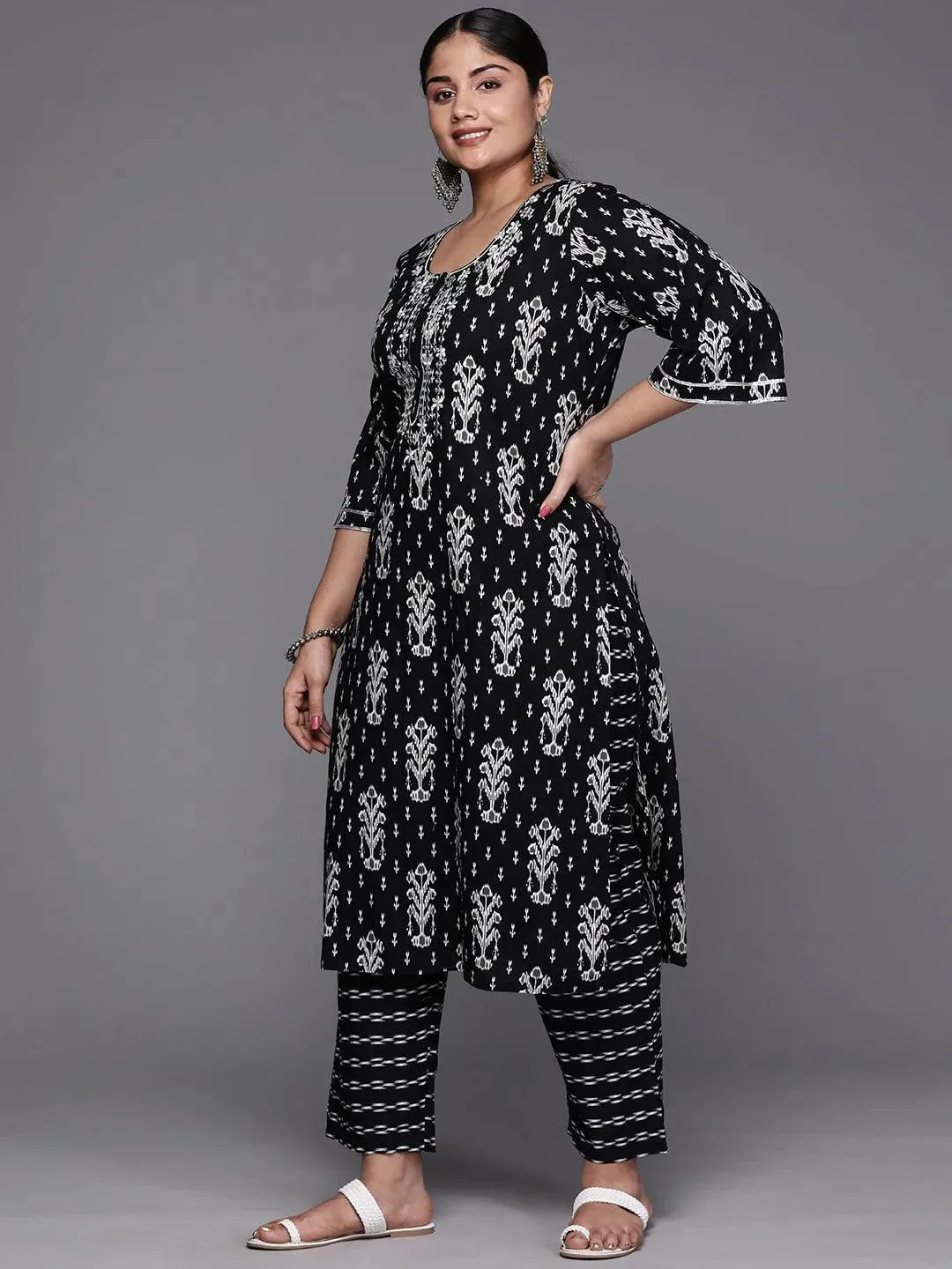 Black Printed Cotton Straight Kurta With Trousers and Dupatta