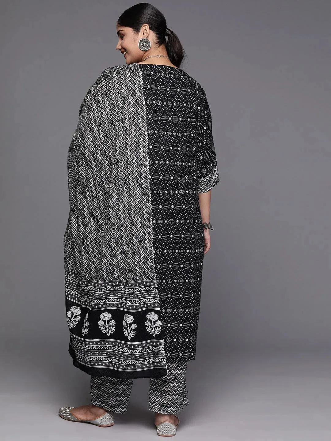 Black Printed Cotton Straight Kurta With Trousers and Dupatta