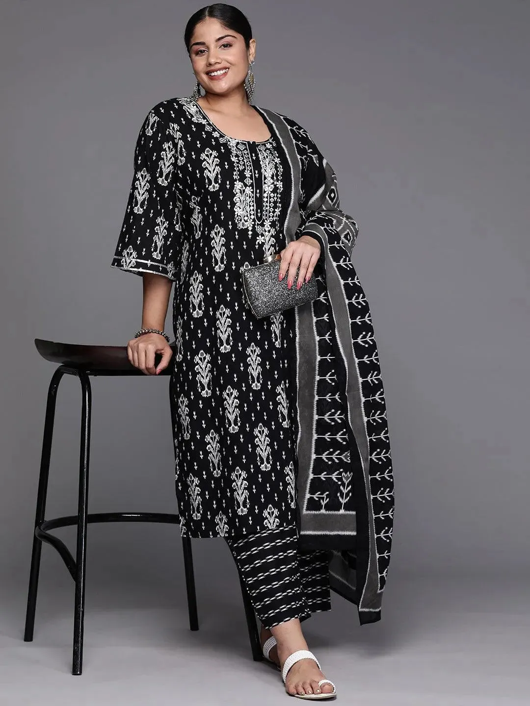 Black Printed Cotton Straight Kurta With Trousers and Dupatta