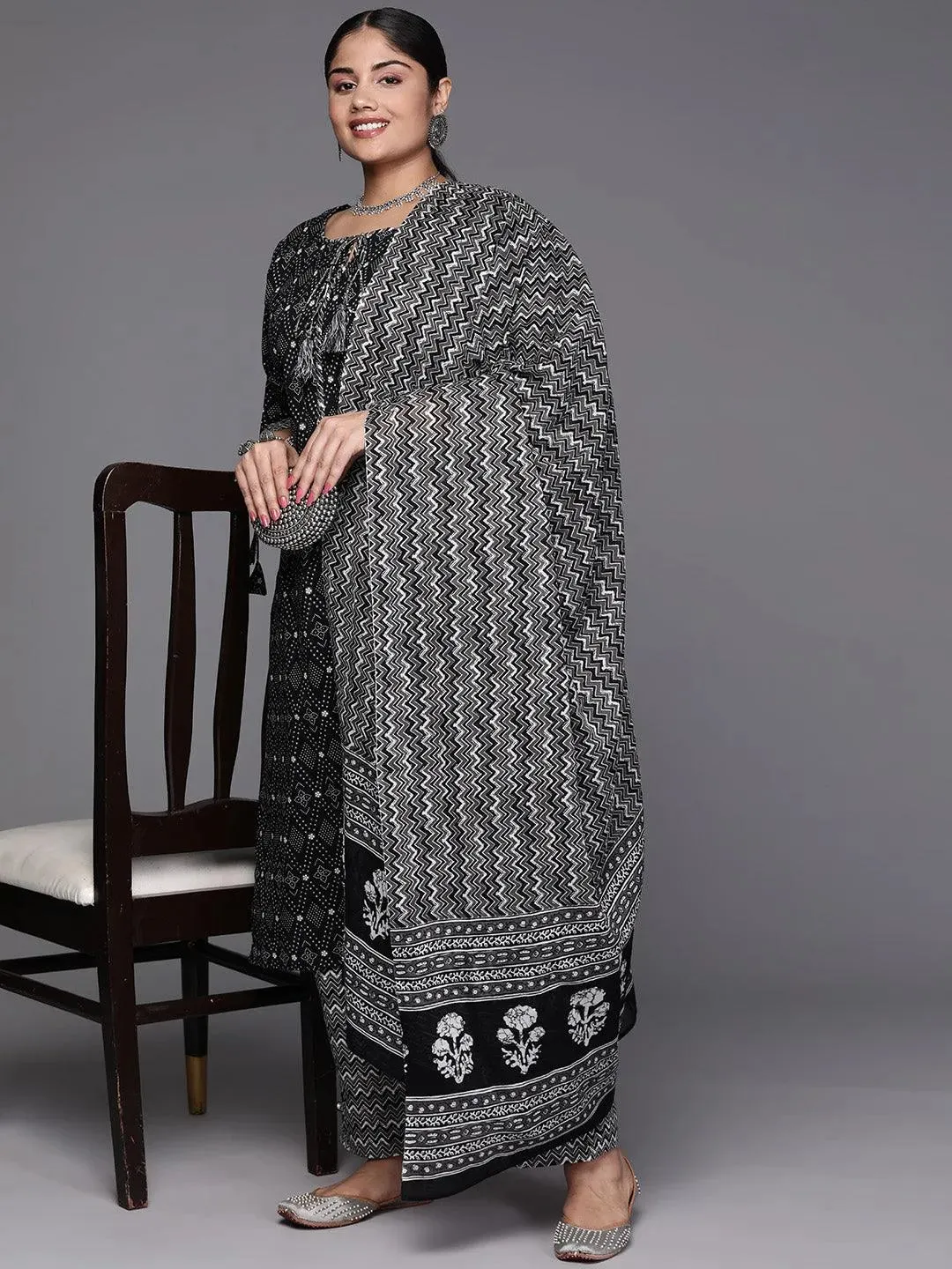 Black Printed Cotton Straight Kurta With Trousers and Dupatta