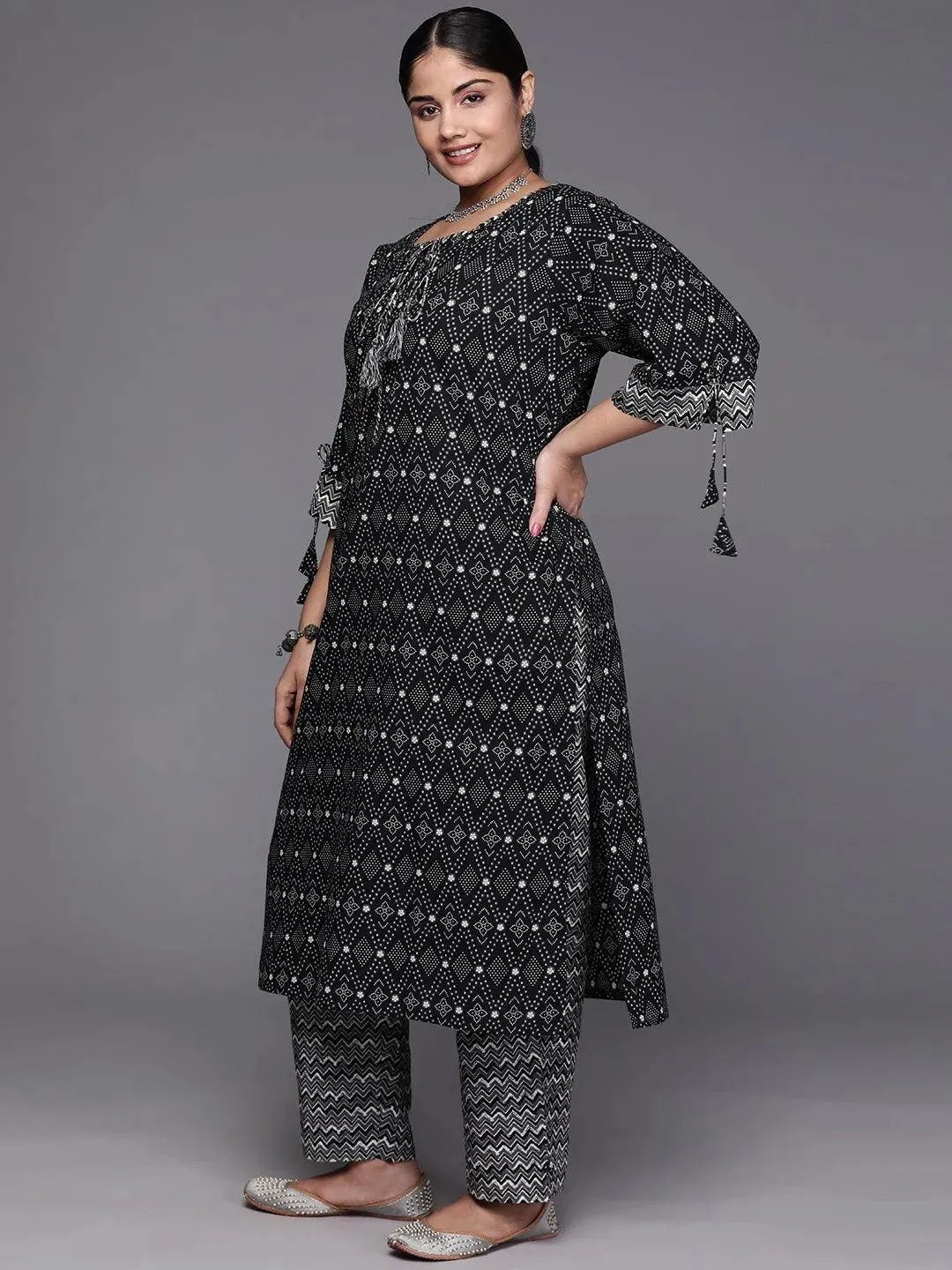 Black Printed Cotton Straight Kurta With Trousers and Dupatta