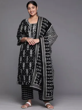 Black Printed Cotton Straight Kurta With Trousers and Dupatta