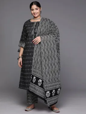 Black Printed Cotton Straight Kurta With Trousers and Dupatta