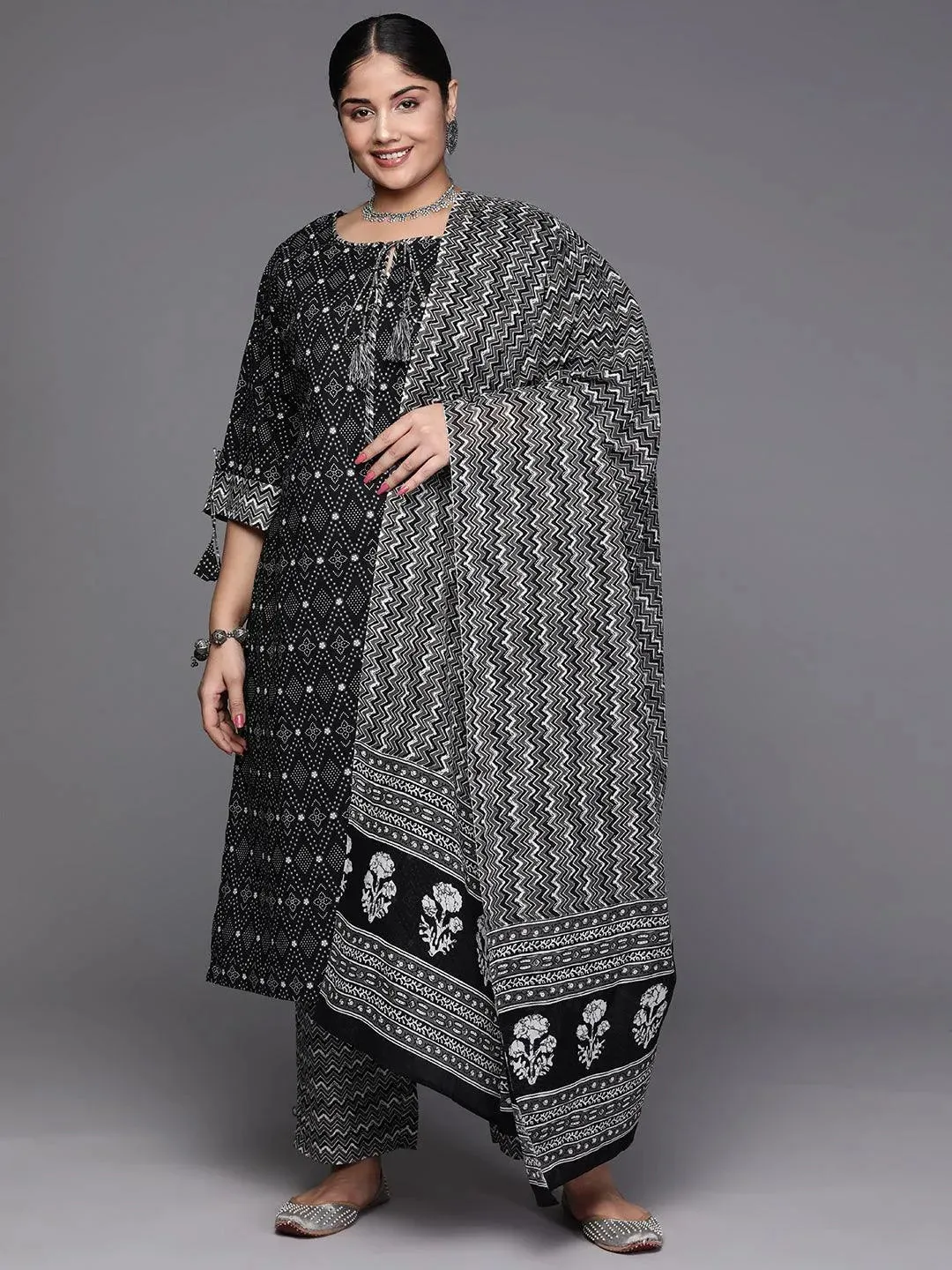 Black Printed Cotton Straight Kurta With Trousers and Dupatta