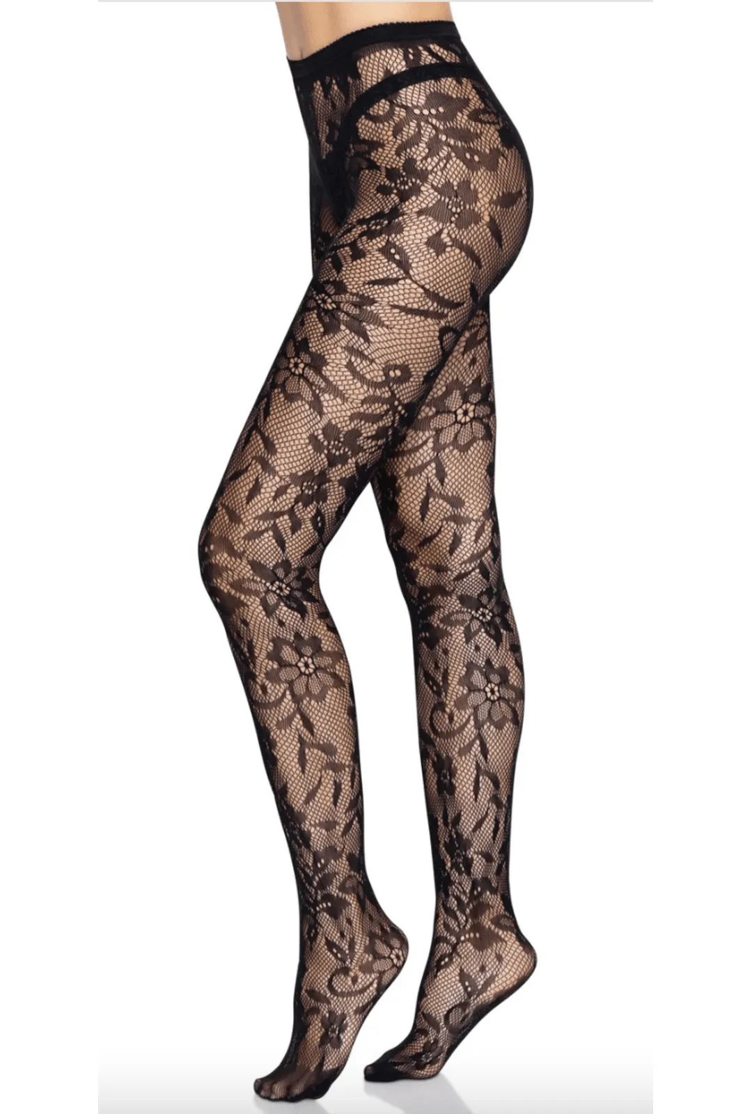 Black Seamless Chantilly Floral Lace Tights