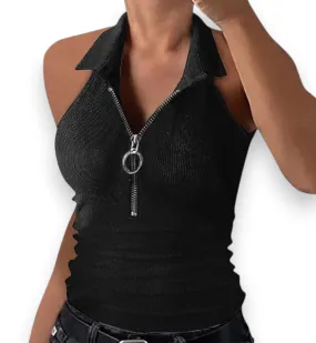 Black Zip Up Halter Tank Top