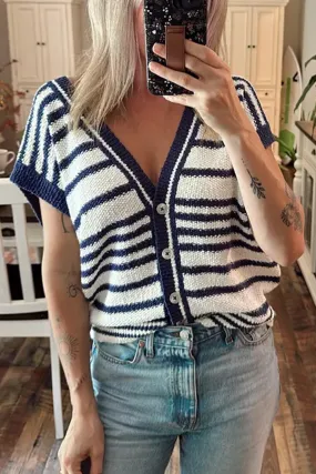 Blue Stripe Loose Buttoned V Neck Sweater Vest