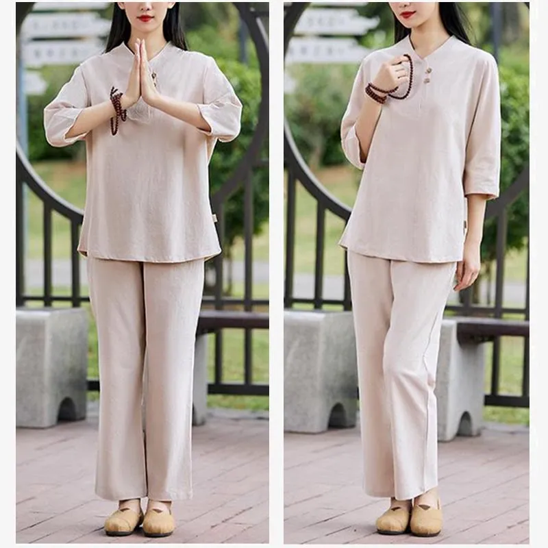 Buddha Stones 2Pcs Shirt Top Pants Meditation Zen Tai Chi Cotton Linen Clothing Women's Set