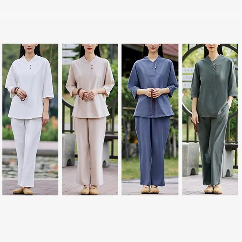 Buddha Stones 2Pcs Shirt Top Pants Meditation Zen Tai Chi Cotton Linen Clothing Women's Set