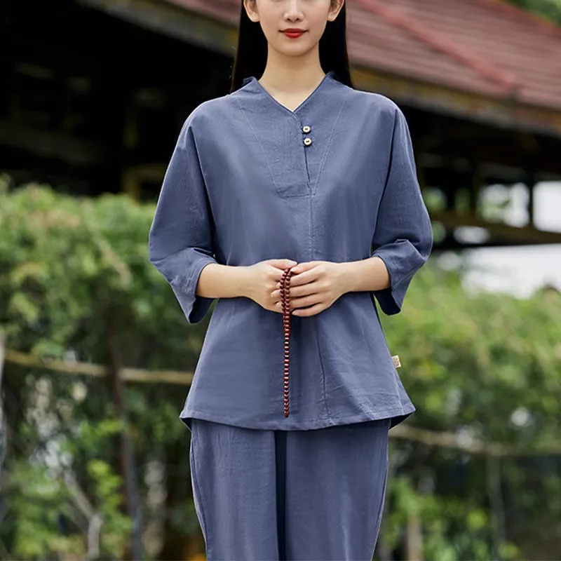 Buddha Stones 2Pcs Shirt Top Pants Meditation Zen Tai Chi Cotton Linen Clothing Women's Set