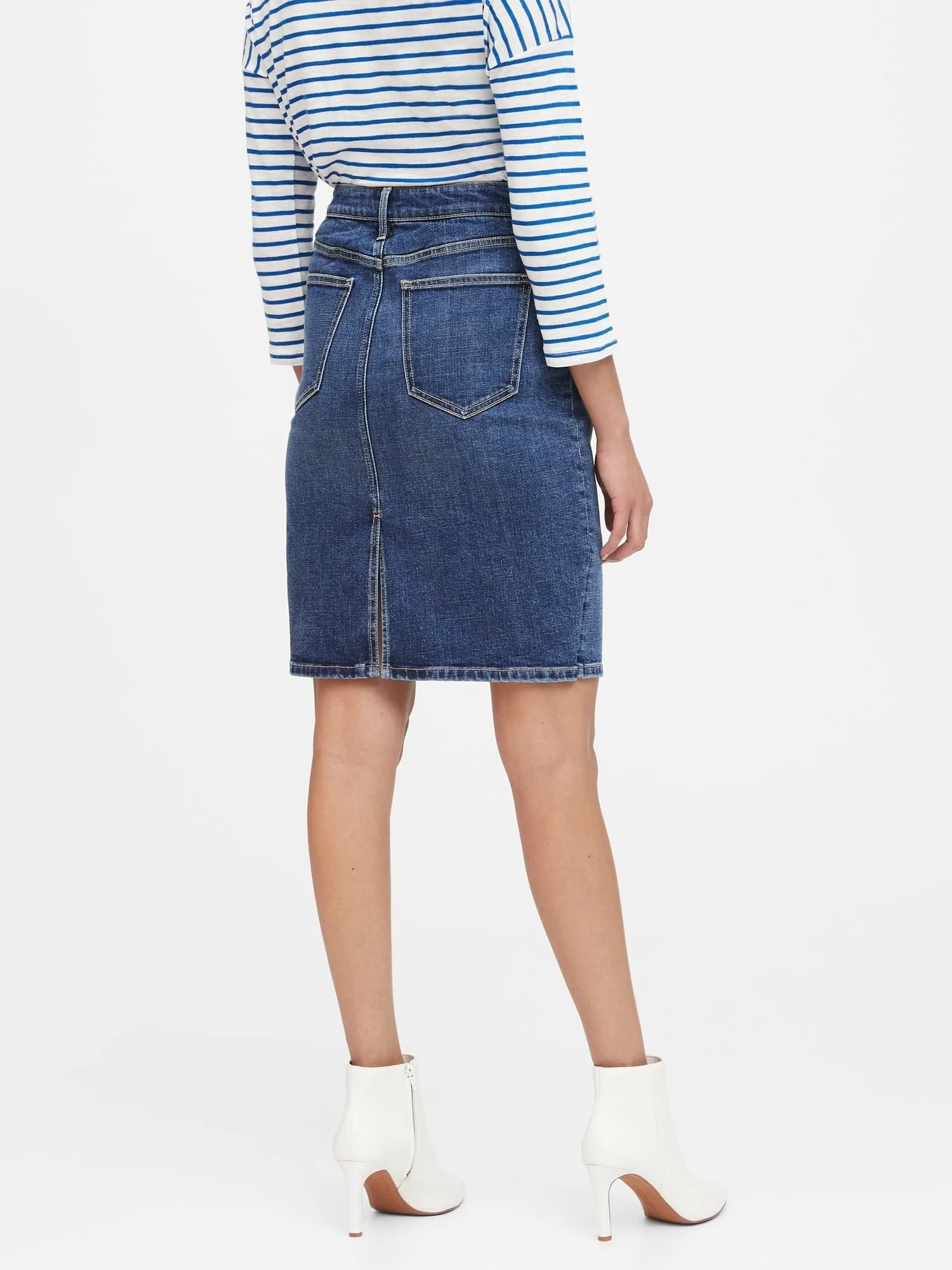 Button-Fly Denim Pencil Skirt in Indigo