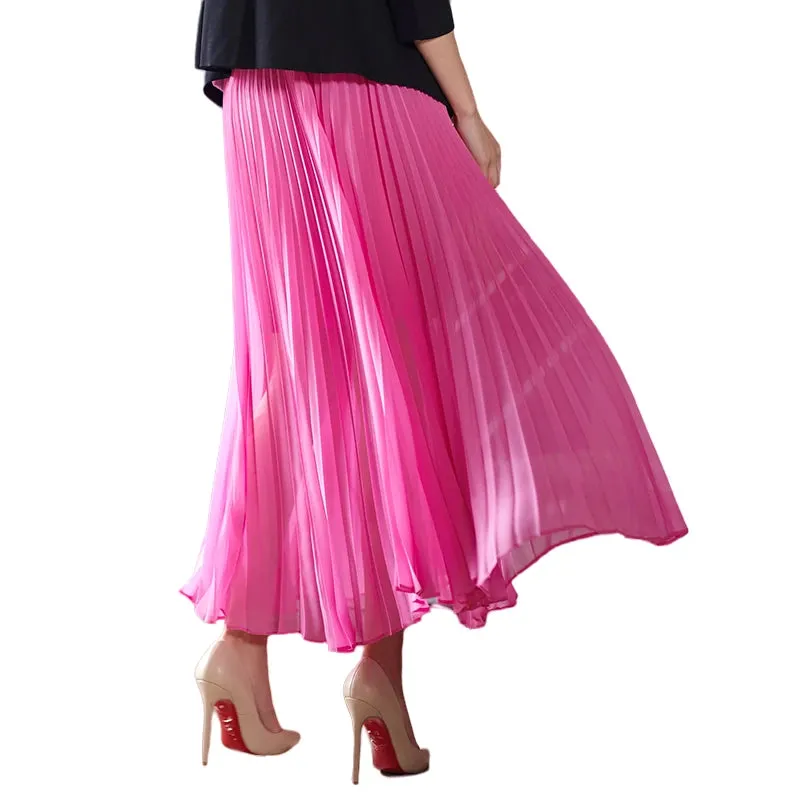 C088 Women solid chiffon full circle sunburst pleated long casual skirt