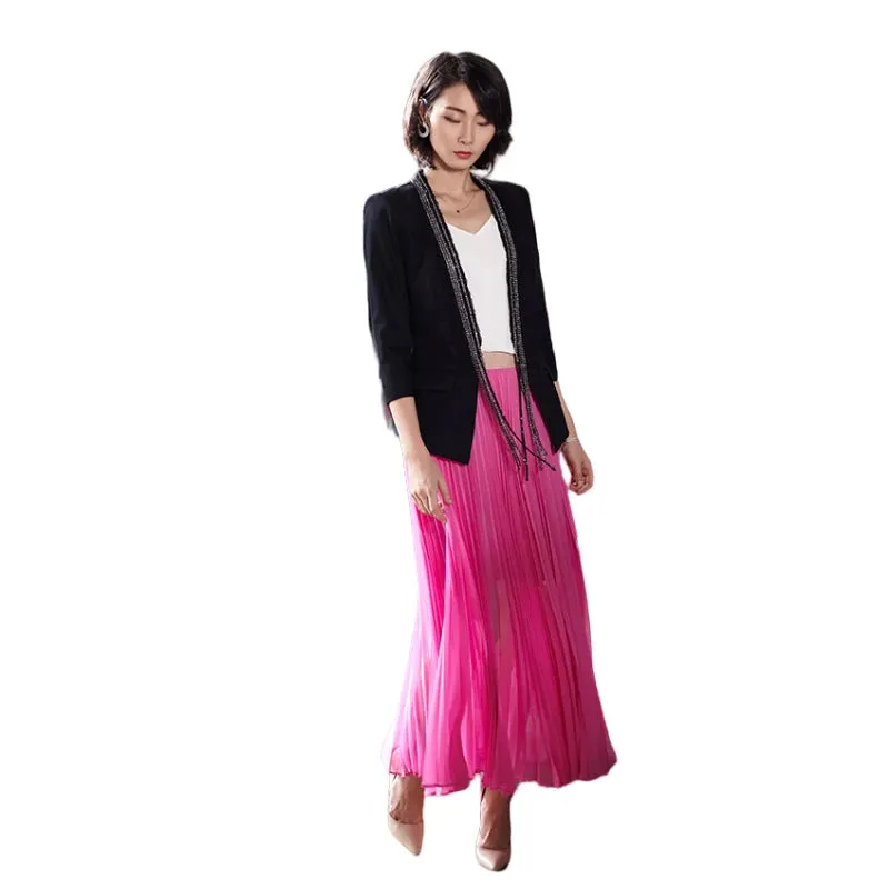 C088 Women solid chiffon full circle sunburst pleated long casual skirt