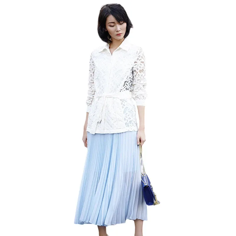 C088 Women solid chiffon full circle sunburst pleated long casual skirt