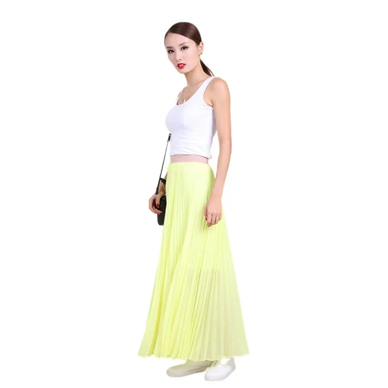 C088 Women solid chiffon full circle sunburst pleated long casual skirt