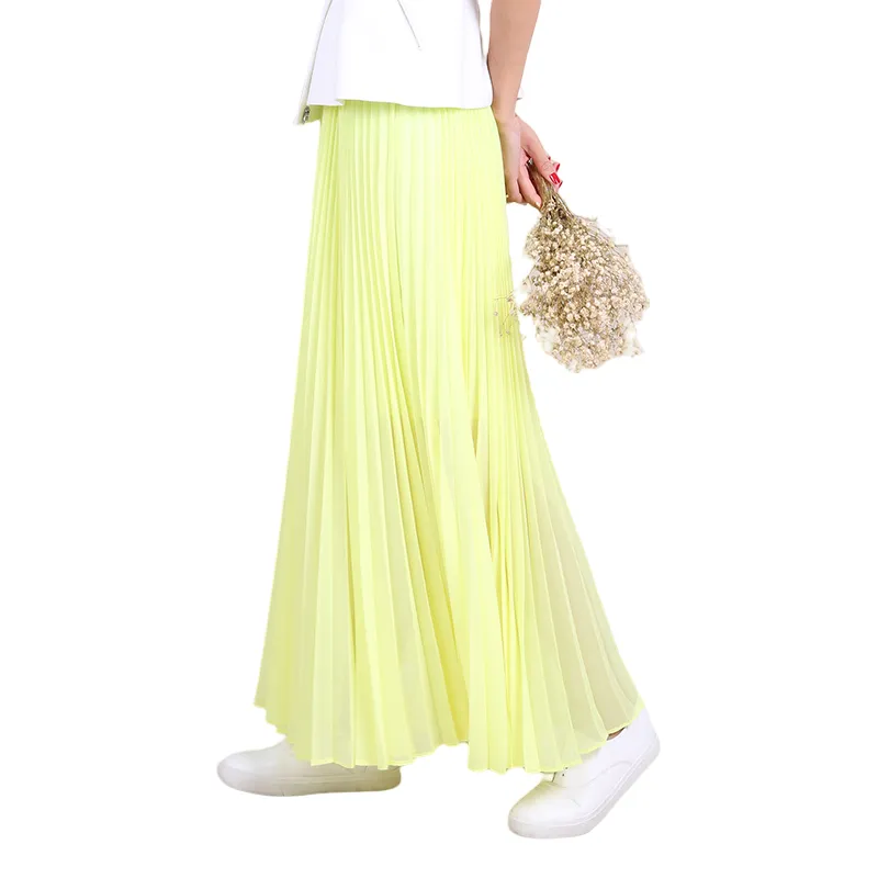 C088 Women solid chiffon full circle sunburst pleated long casual skirt