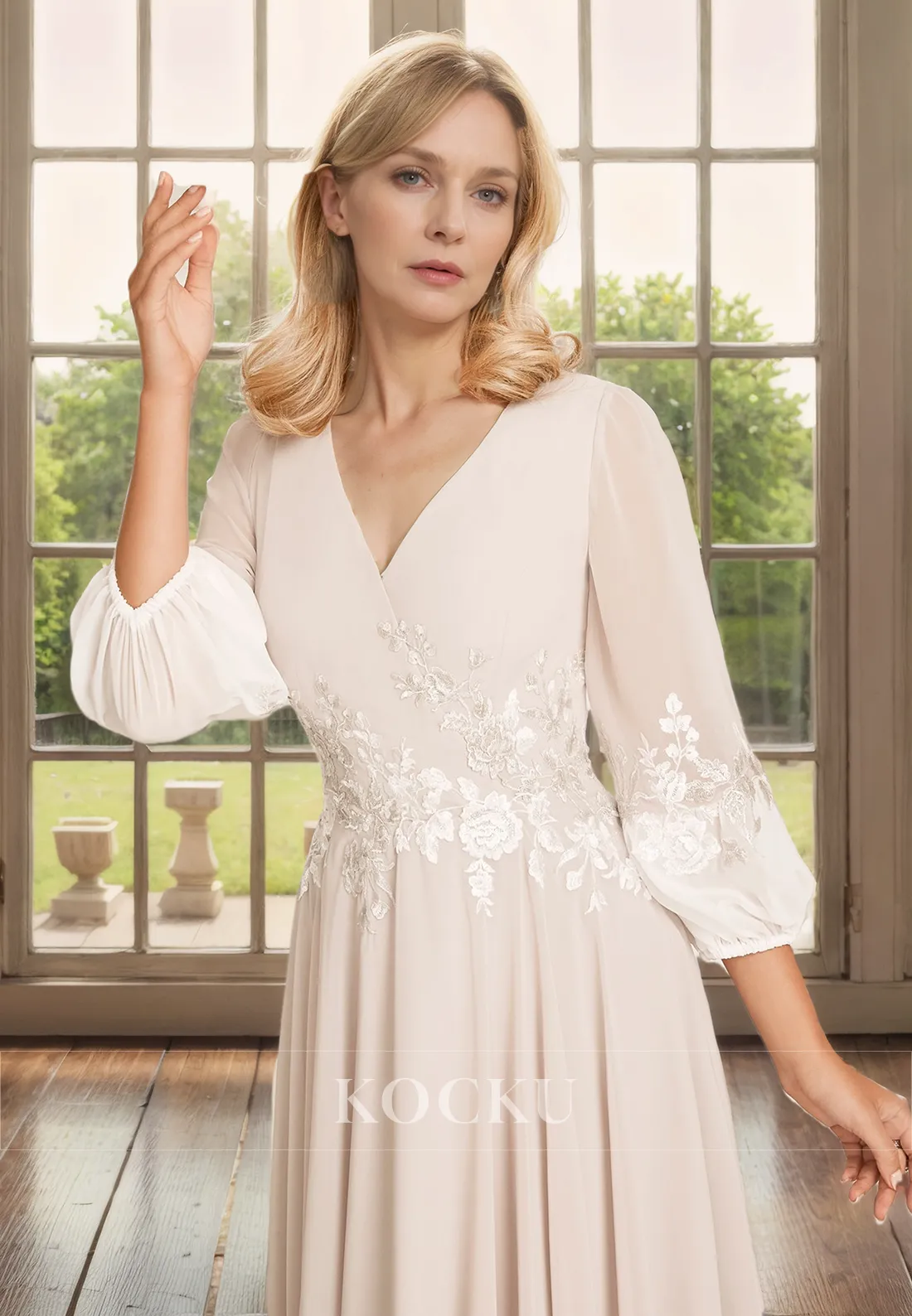 Classic & Timeless V-Neck Long sleeves A-Line Chiffon Cocktail Mother of the Bride Dress