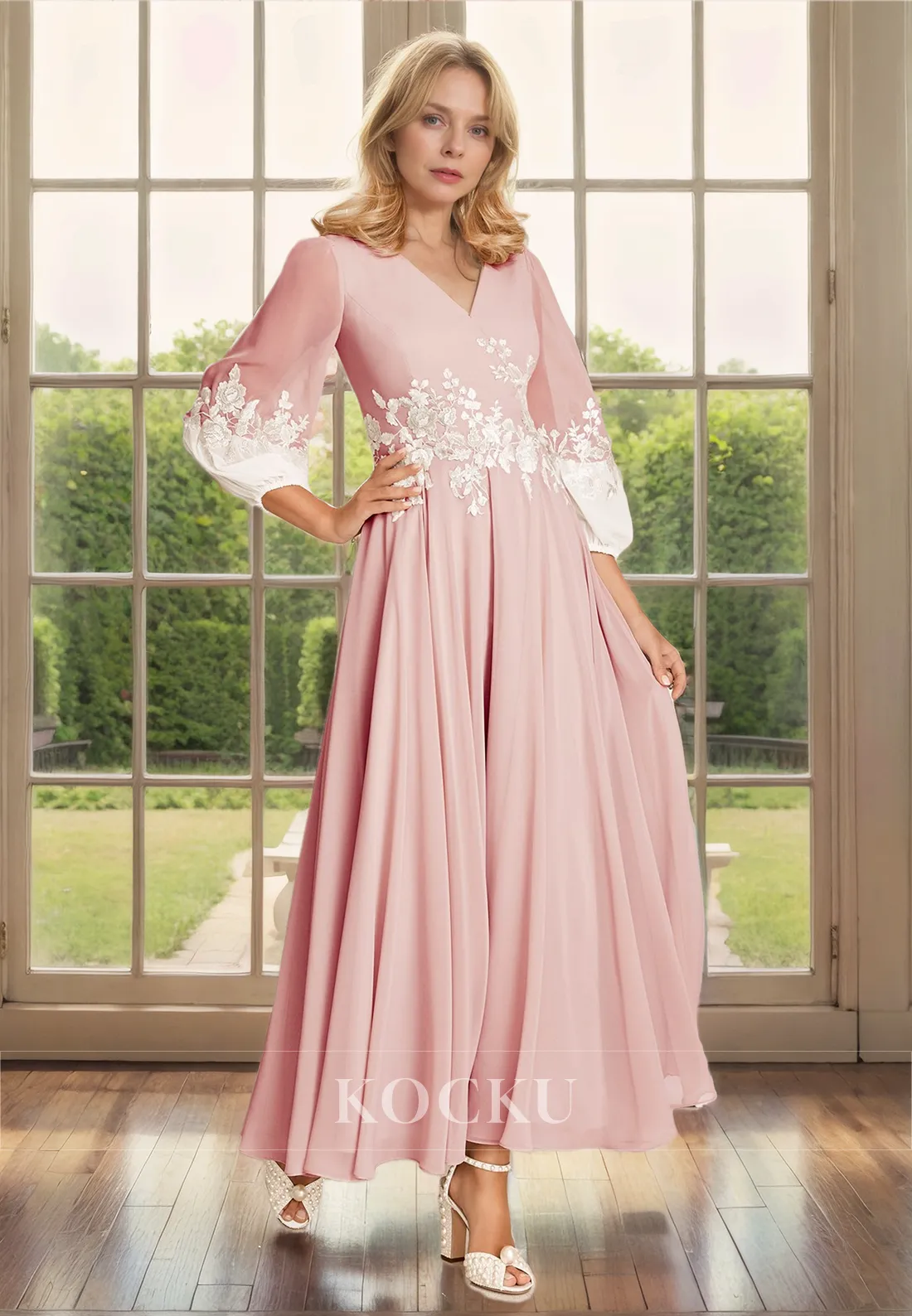 Classic & Timeless V-Neck Long sleeves A-Line Chiffon Cocktail Mother of the Bride Dress