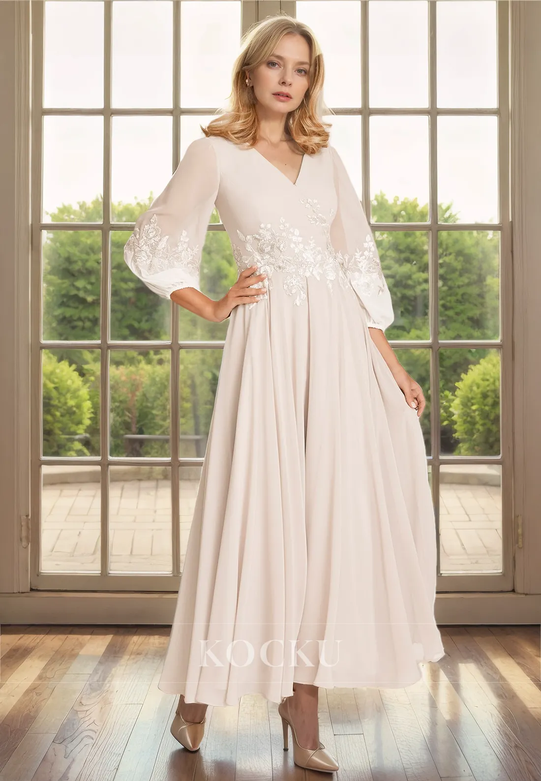 Classic & Timeless V-Neck Long sleeves A-Line Chiffon Cocktail Mother of the Bride Dress