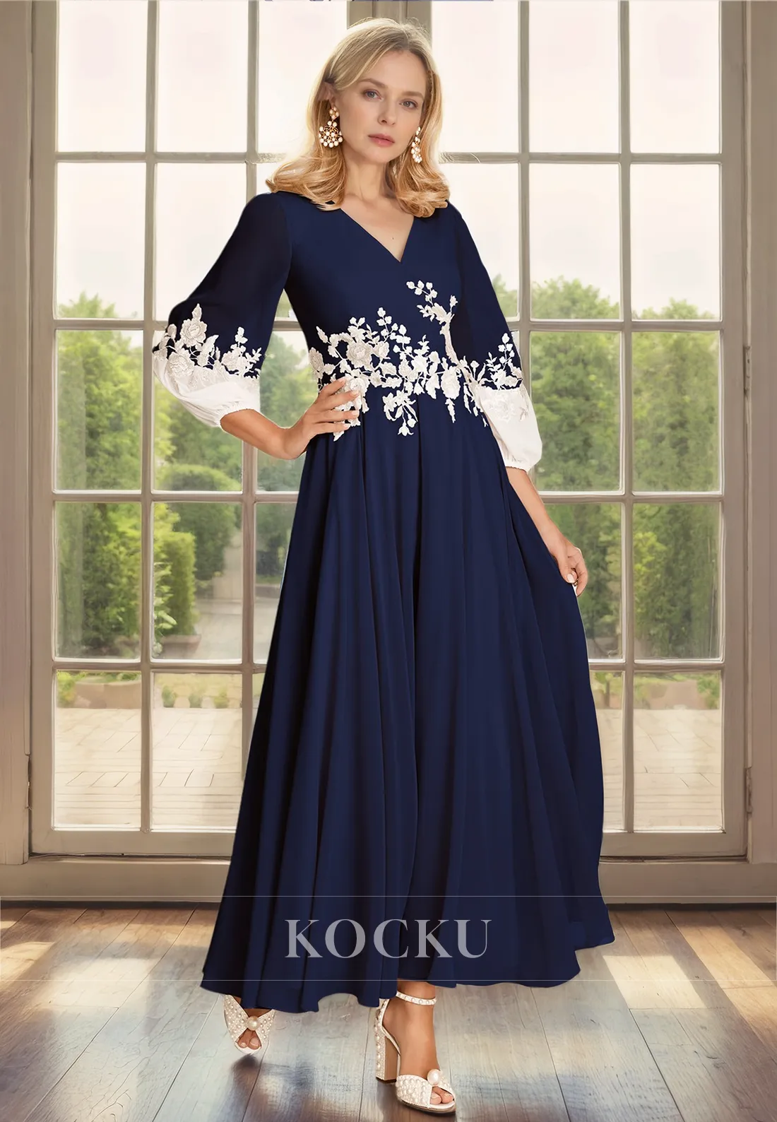 Classic & Timeless V-Neck Long sleeves A-Line Chiffon Cocktail Mother of the Bride Dress