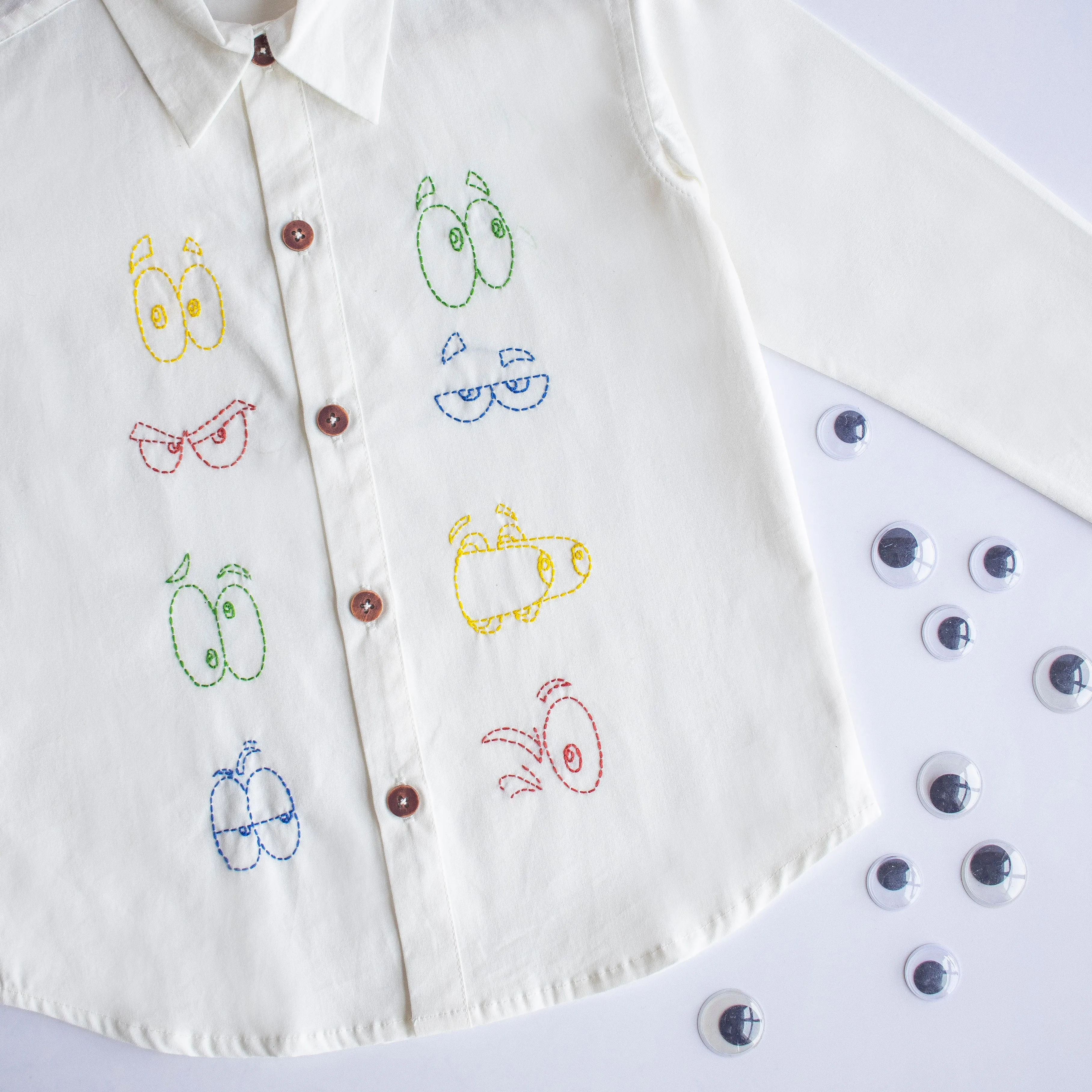 Colourful Emoji Eyes Embroidered Unisex Shirt - White