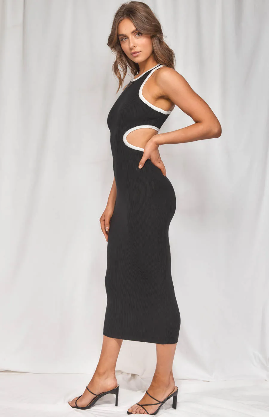 Contrast Binding Side Cut Out Detail Midi Dress