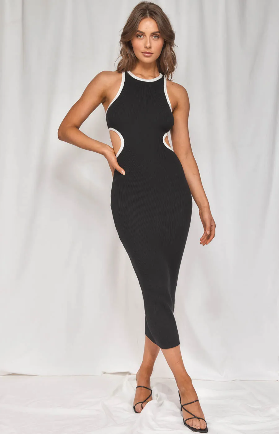 Contrast Binding Side Cut Out Detail Midi Dress