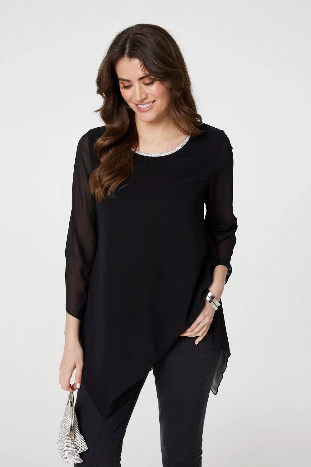 Contrast Stitch Semi Sheer Hanky Hem Top