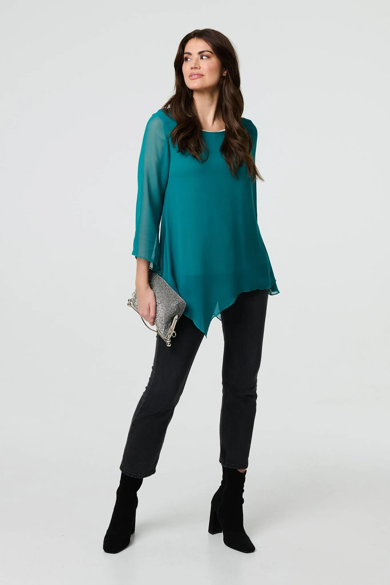 Contrast Stitch Semi Sheer Hanky Hem Top