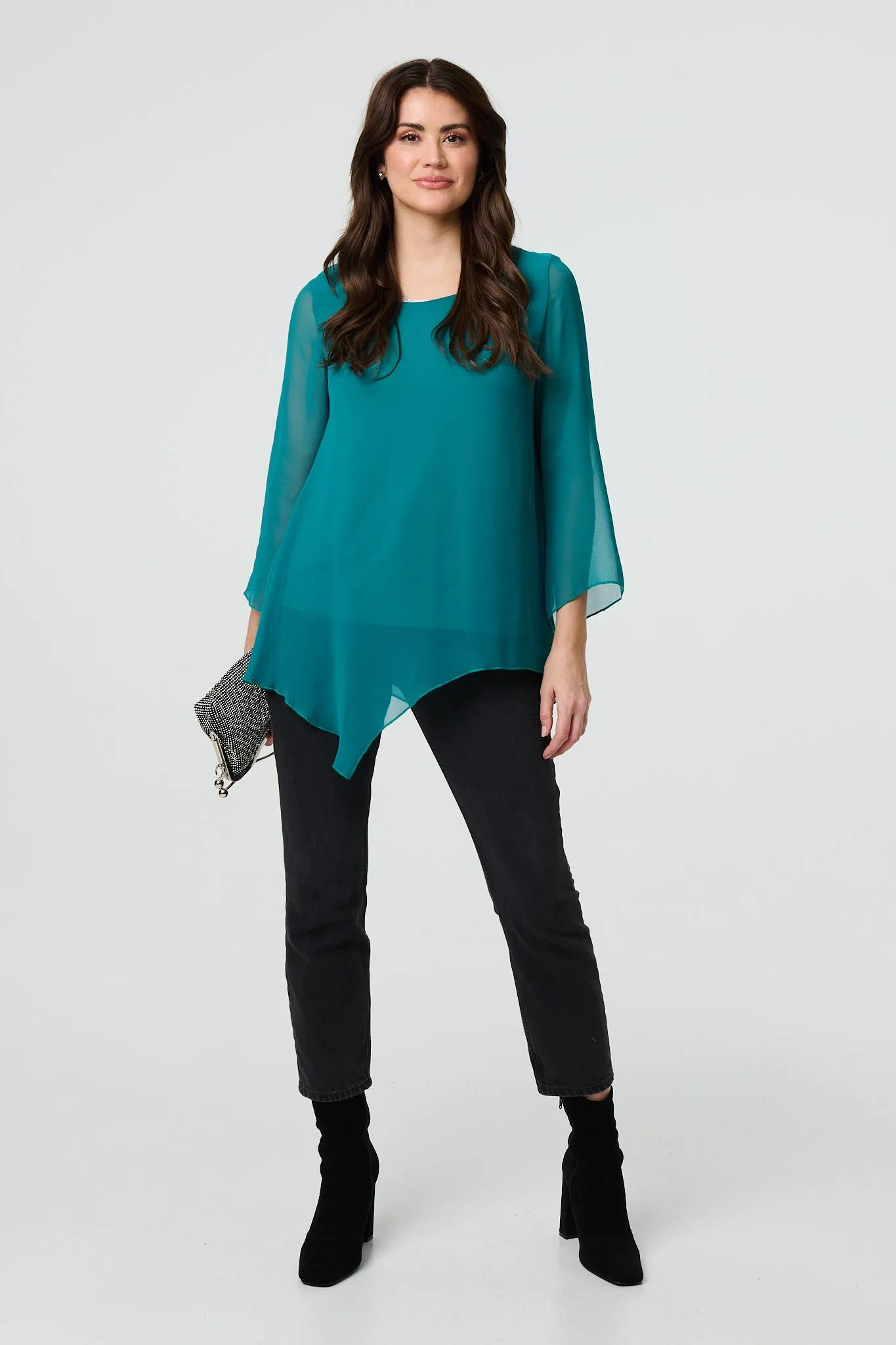 Contrast Stitch Semi Sheer Hanky Hem Top