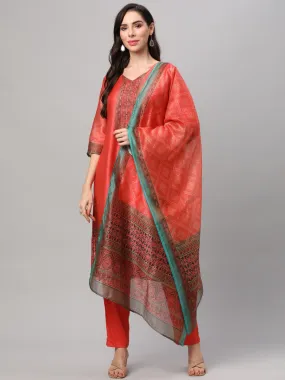 Coral Ornamental Printed Kurta Trouser Dupatta