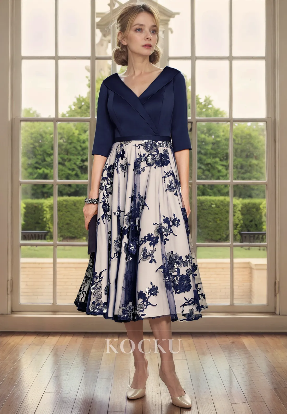 Couture & Ornate Long sleeves A-Line V-Neck Printed Cocktail Mother of the Bride Dress