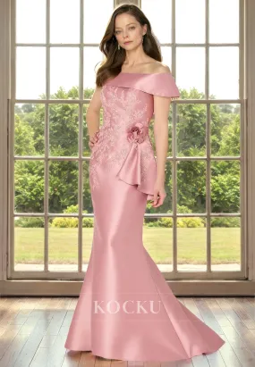 Couture & Ornate Off-Shoulder Mermaid Satin Cocktail Mother of the Bride Dress