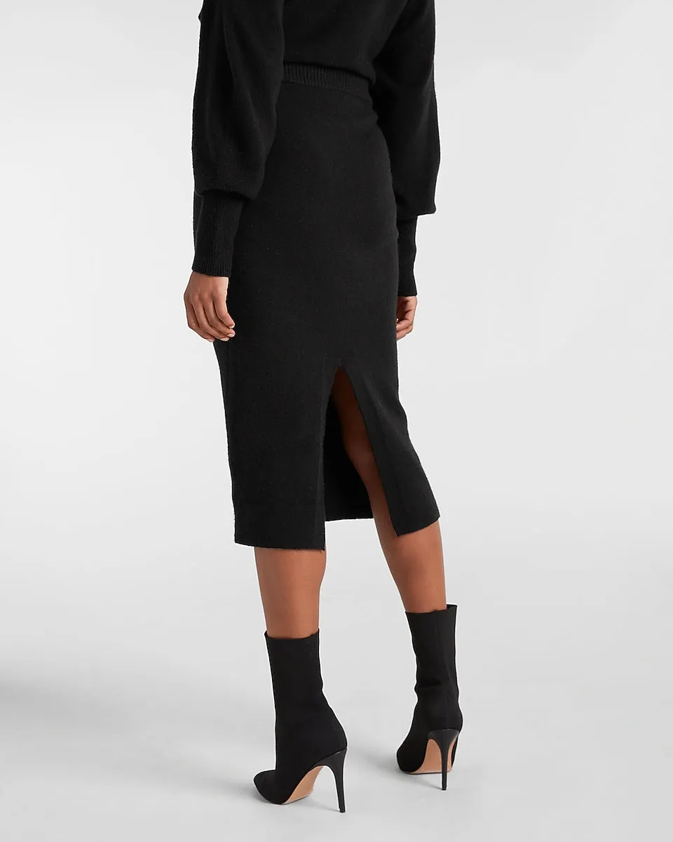 Cozy Midi Sweater Pencil Skirt in Pitch Black