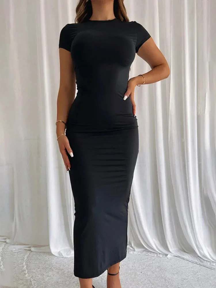 Crewneck Short Sleeve Bodycon Long Dress Solid Color Sexy Elegant Dresses Woman 2024 Summer Clothes C85-BD21