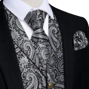 DiBanGu Men's Vest Silver Grey Paisley Silk Waistcoat Suit Vest Tie Set