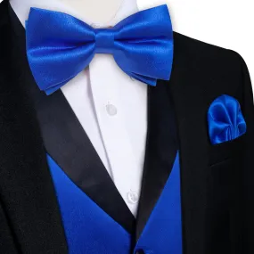 DiBanGu Tuxedo Vest Royal Azure Blue Solid Silk Mens Button Up Vest and Bow Tie Set