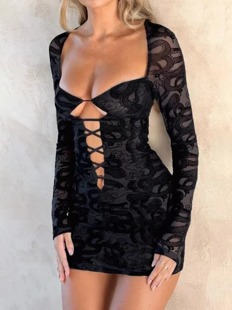 Dragon Flocking Mesh Long Sleeve Bodycon Dress Sexy Night Club Outfits for Women Fall 2023 Black Mini Dresses C66-DZ20