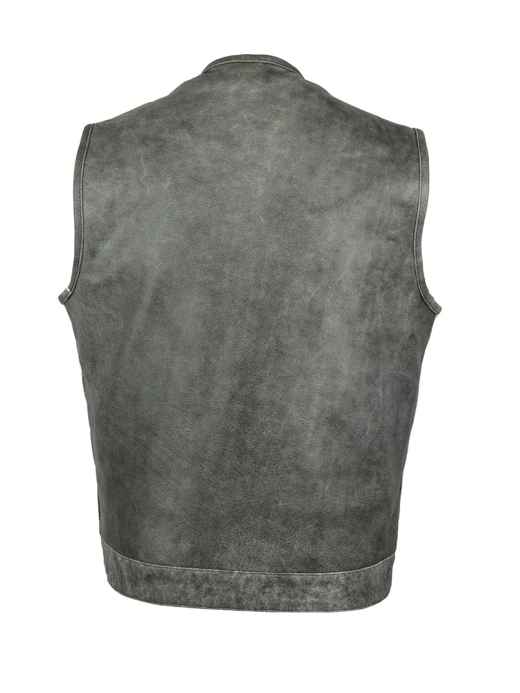 DS191V Men's Collarless Gray Leather Vest