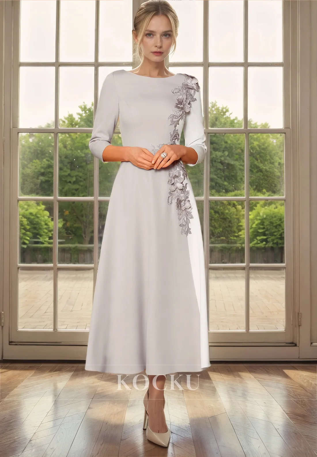 Elegant & Luxurious Flower Embroidery Long sleeves A-Line Cocktail Mother of the Bride Dress