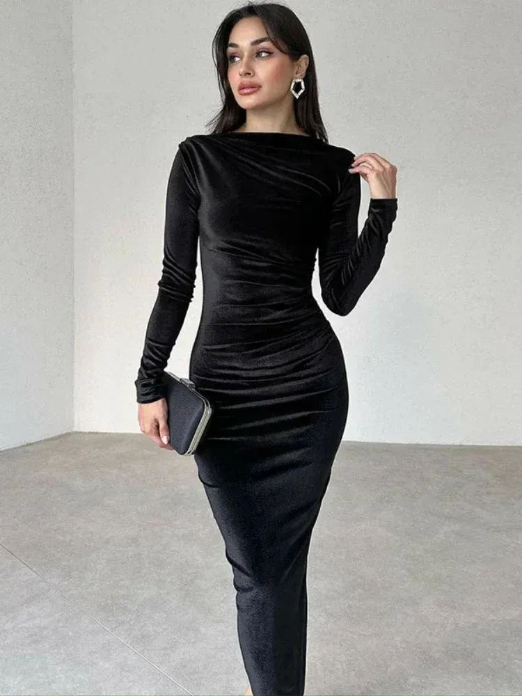 Elegant Long Party Dresses for Women Winter Fashion Clothes Velvet Full Sleeve Bodycon Dress Green Black C70-CC40