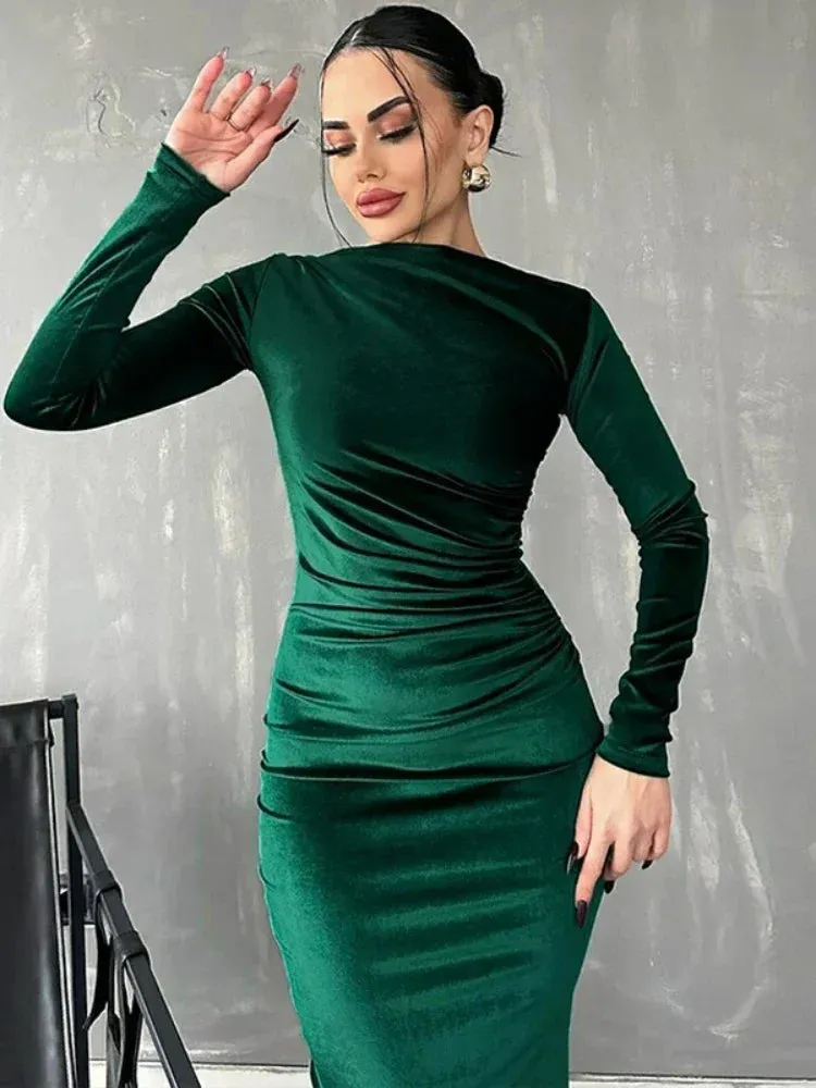 Elegant Long Party Dresses for Women Winter Fashion Clothes Velvet Full Sleeve Bodycon Dress Green Black C70-CC40