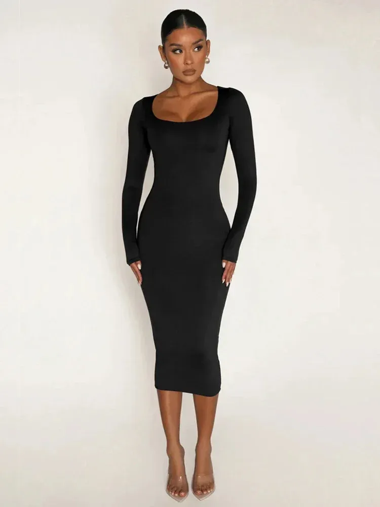 Elegant Long Sleeve Midi Pencil Dresses for Women Fall Winter Clothes Sexy Black Bodycon Dress Wholesale C36-BB29