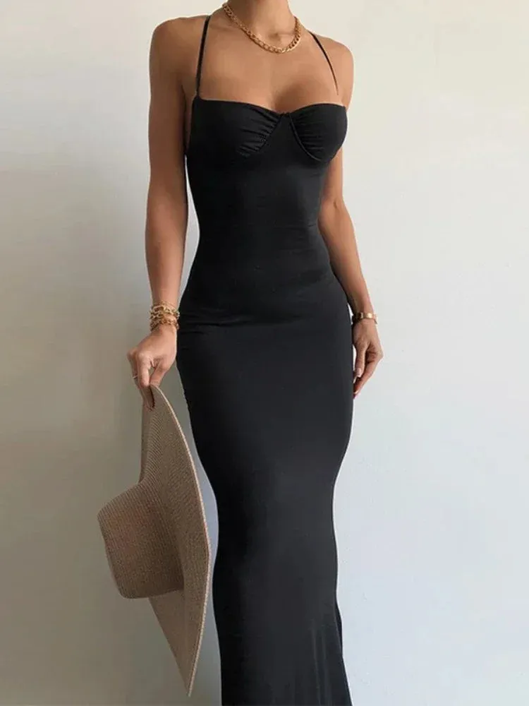 Elegant Sexy Black Party Evening Cocktail Dresses for Women Backless Halter Bodycon Maxi Dress Resort Wear C15-BI25