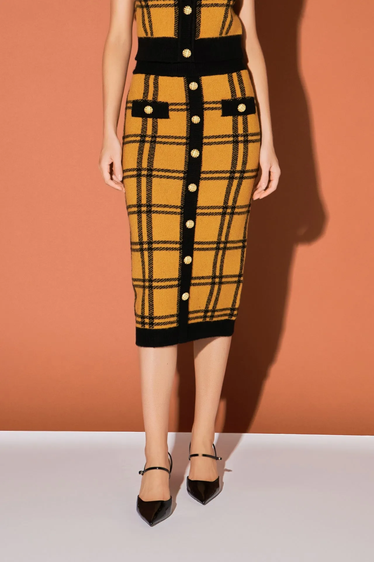 English Factory - Knit Check Plaid Midi Skirt