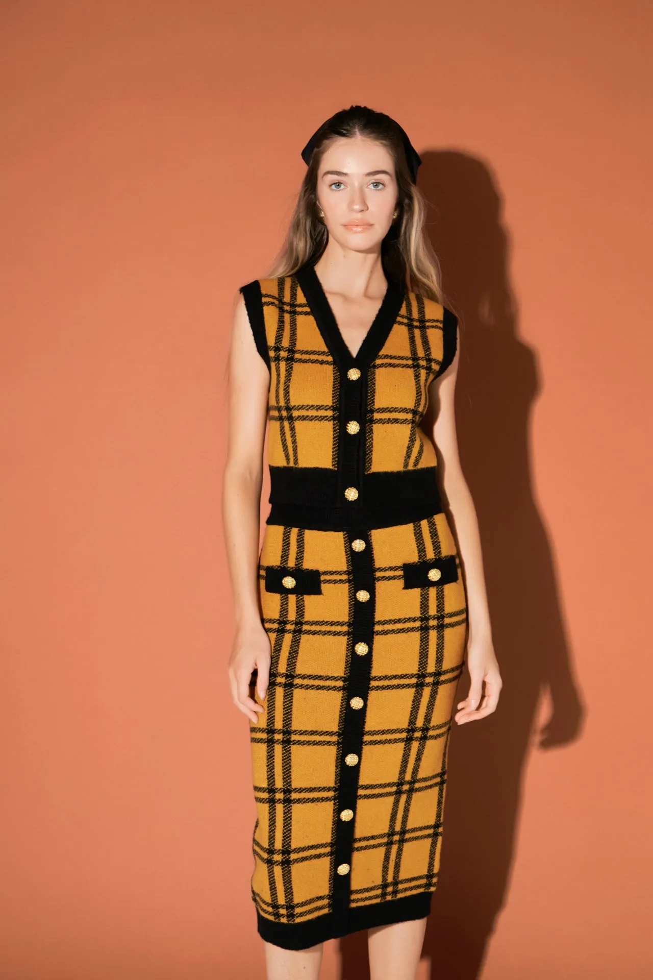 English Factory - Knit Check Plaid Midi Skirt