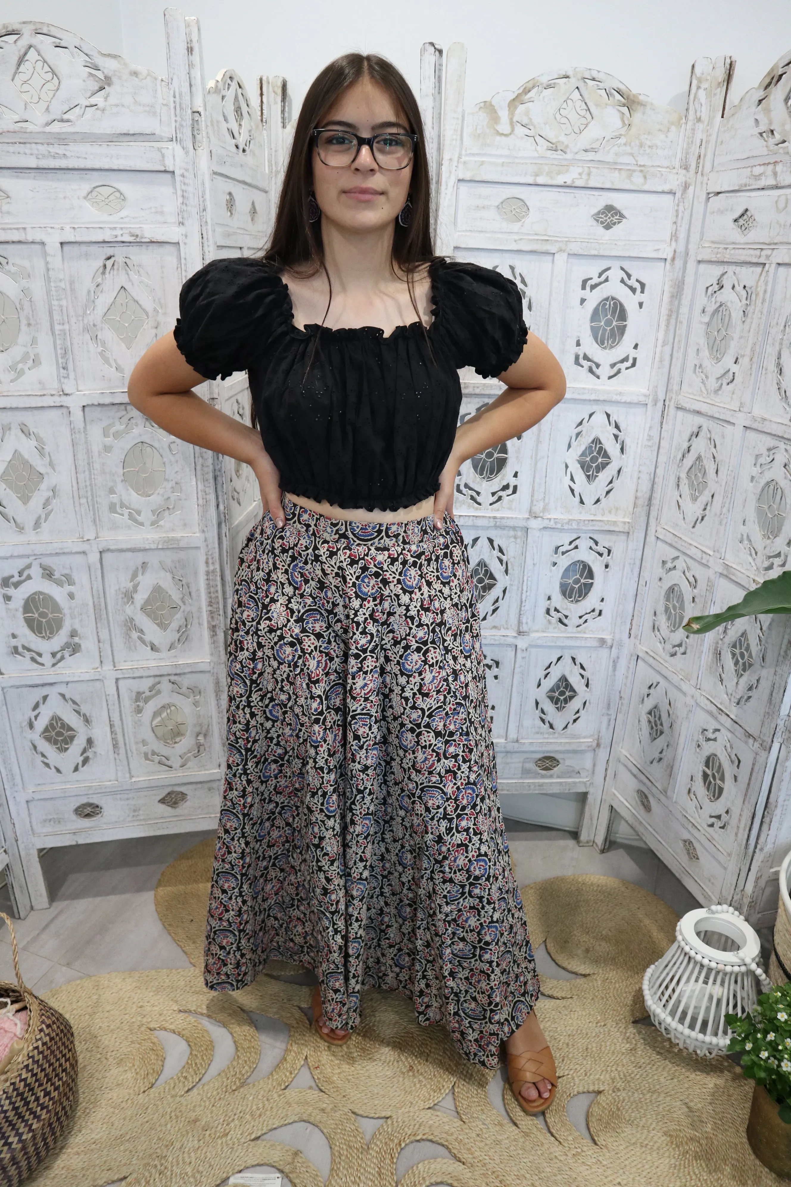 Fair Trade Karli Pants Brown Floral Design