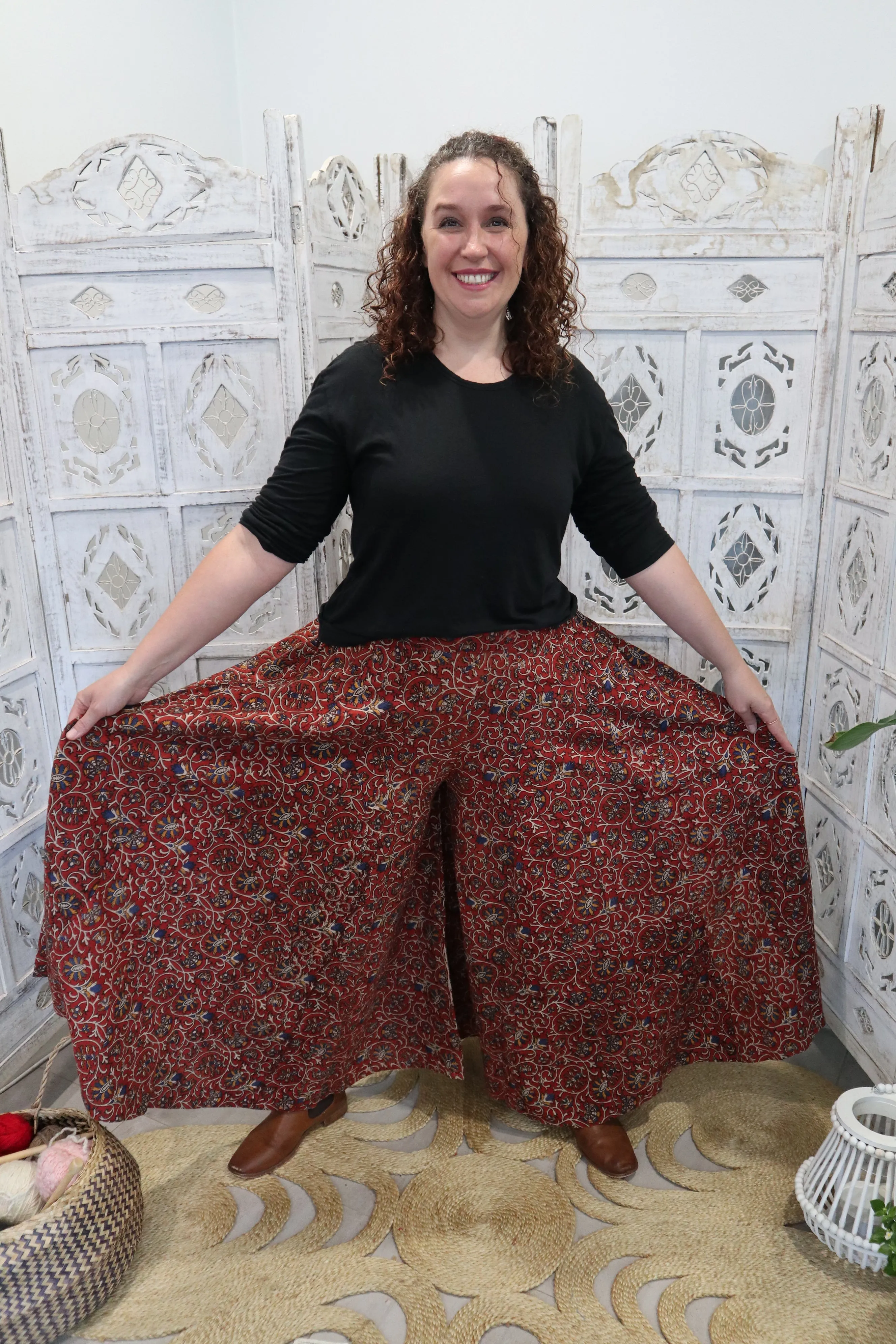 Fair Trade Karli Pants Red Floral Design