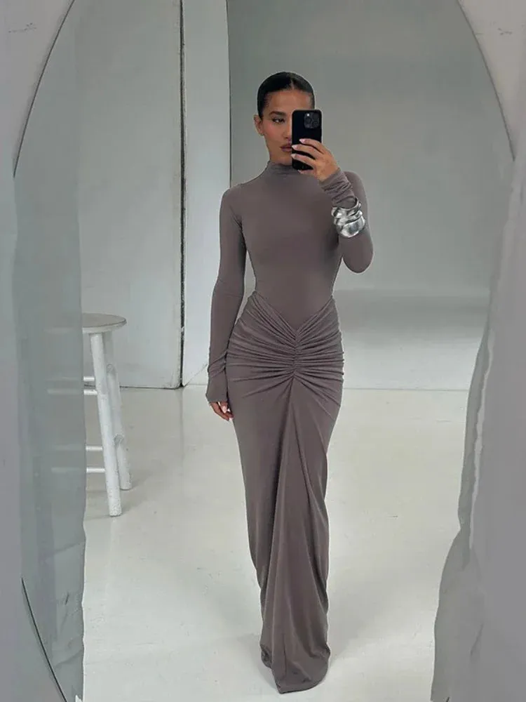 Fashion Ruched Long Sleeve Bodycon Maxi Dress Fall Clothes 2024 Women Elegant Sexy Party Dresses C87-CA35